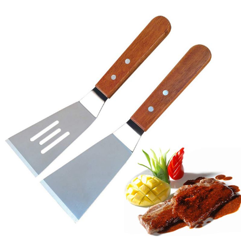 2 unids/set de pala para fritos de acero inoxidable con fugas, espátula para masa de Pizza, pala para cortar con mango de madera, herramienta para hornear