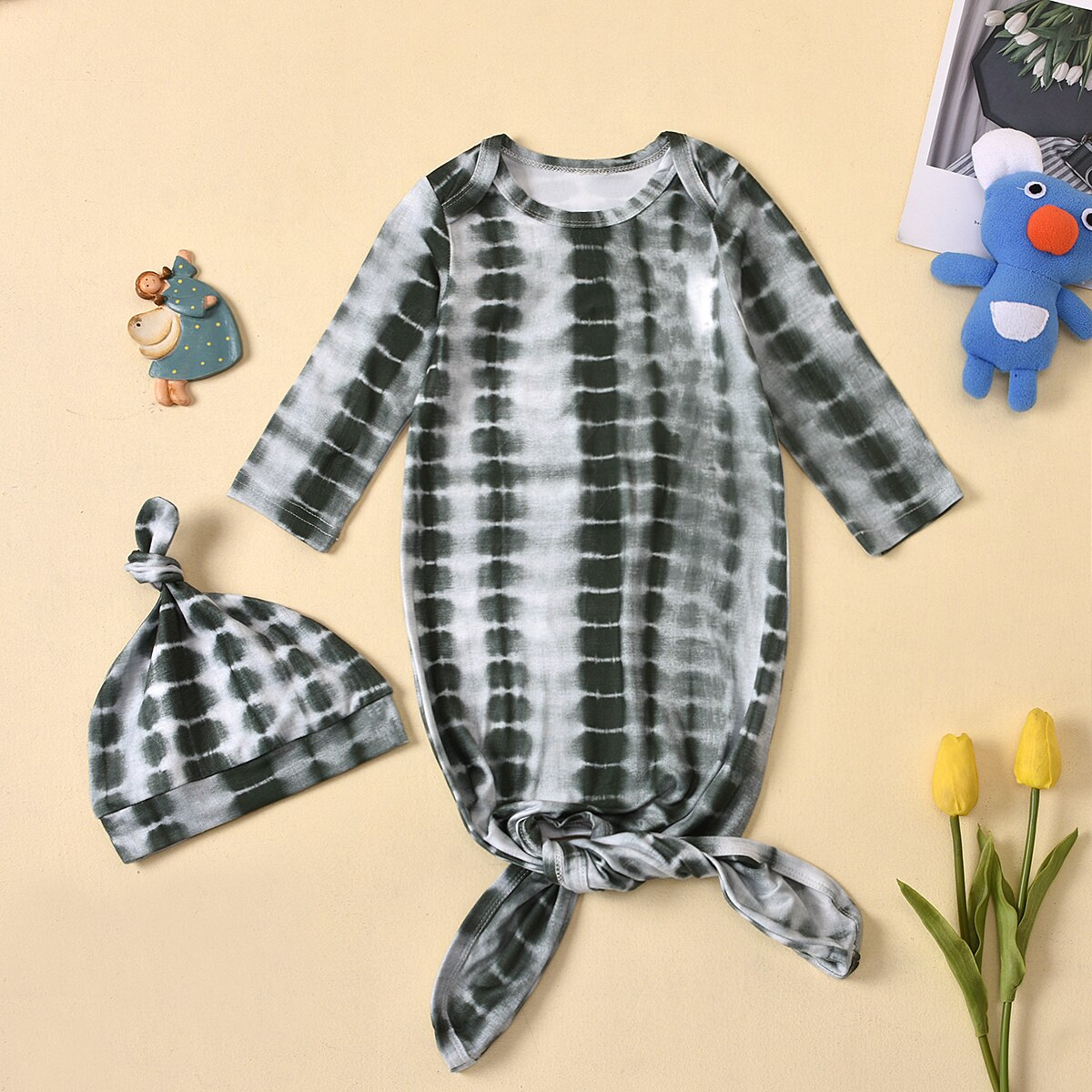 2 Stuks Baby Slaapzak Set Tie Dye Printing Ronde Kraag Lange-Mouwen Een Stuk Zak + Leuke Hoed Peuter Jongens Meisjes 0-6 Maanden