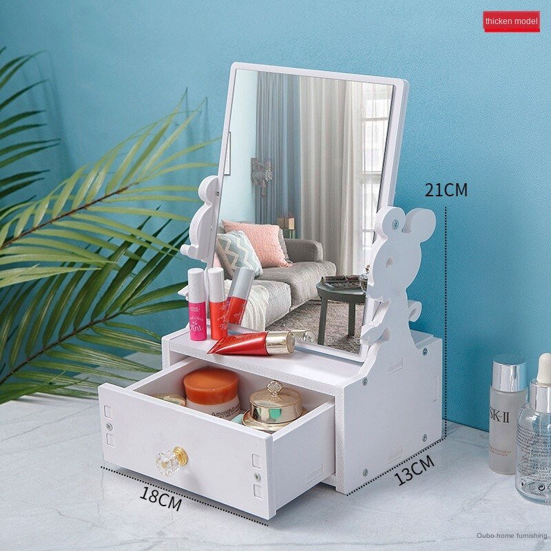 Rotate Wooden Cute Make-up Mirror DIY Assembly Desk Dressing Mirror Women Portable Large Cosmetic Storage Box Shelf WF: C