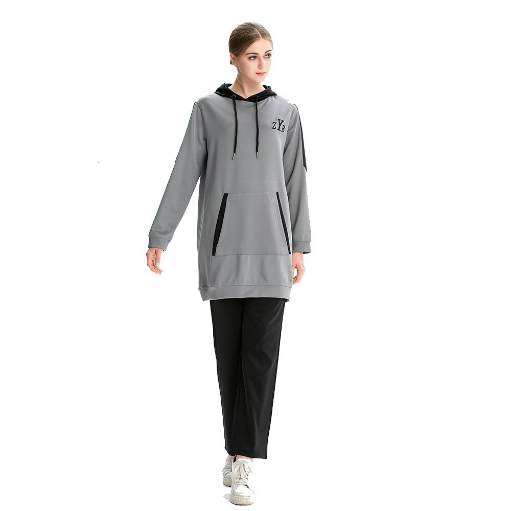 Moslim sportkleding trainingspak dames katoenen tweedelig set hoodie joggingbroek sporttops broeken kleding pakken: Grijs / M