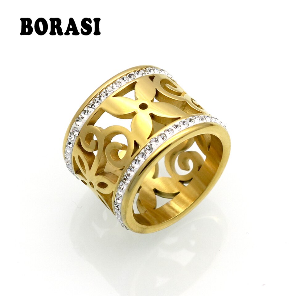 BORASI Crystal Ringen Voor Vrouwen Wit Rhinestone Roestvrij Staal Gouden Kleur Bruiloft Vrouwelijke Bloem Ringen Tiener Sieraden