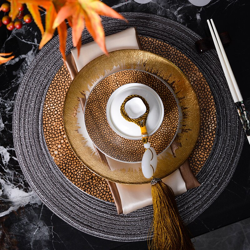 Luxury Tableware Hotel Dining Table Gold Chinese Decor Villa Western Dinner Plate Set Model Room Salad Snack Cake Plates