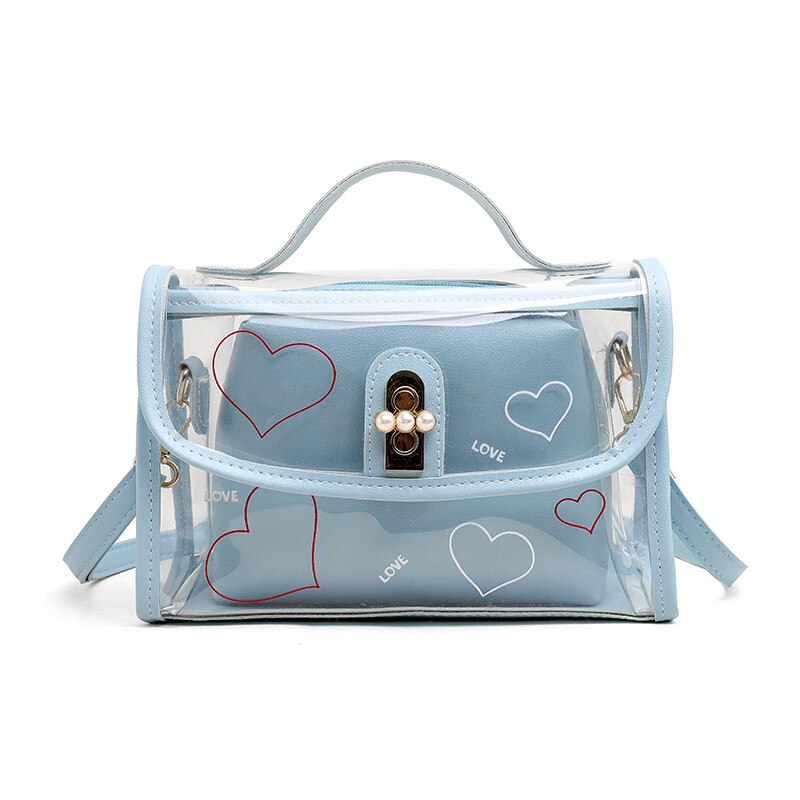 Women PVC Transparent Handbag See-through Beach Bag Clear Jelly Purse Clutch Tote PU Leather Handbag Messenger Bag: Blue