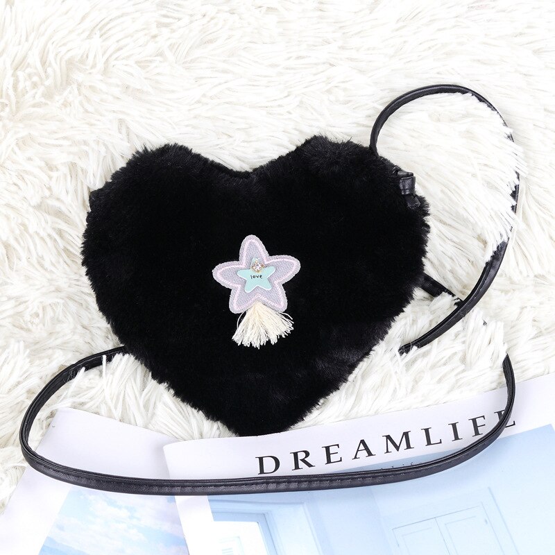 Schattig klein meisjes mini portemonneetje kawaii nep konijnenbont baby kleine portemonnee peuter schoudertas meisjes feesttasje: Zwart hart