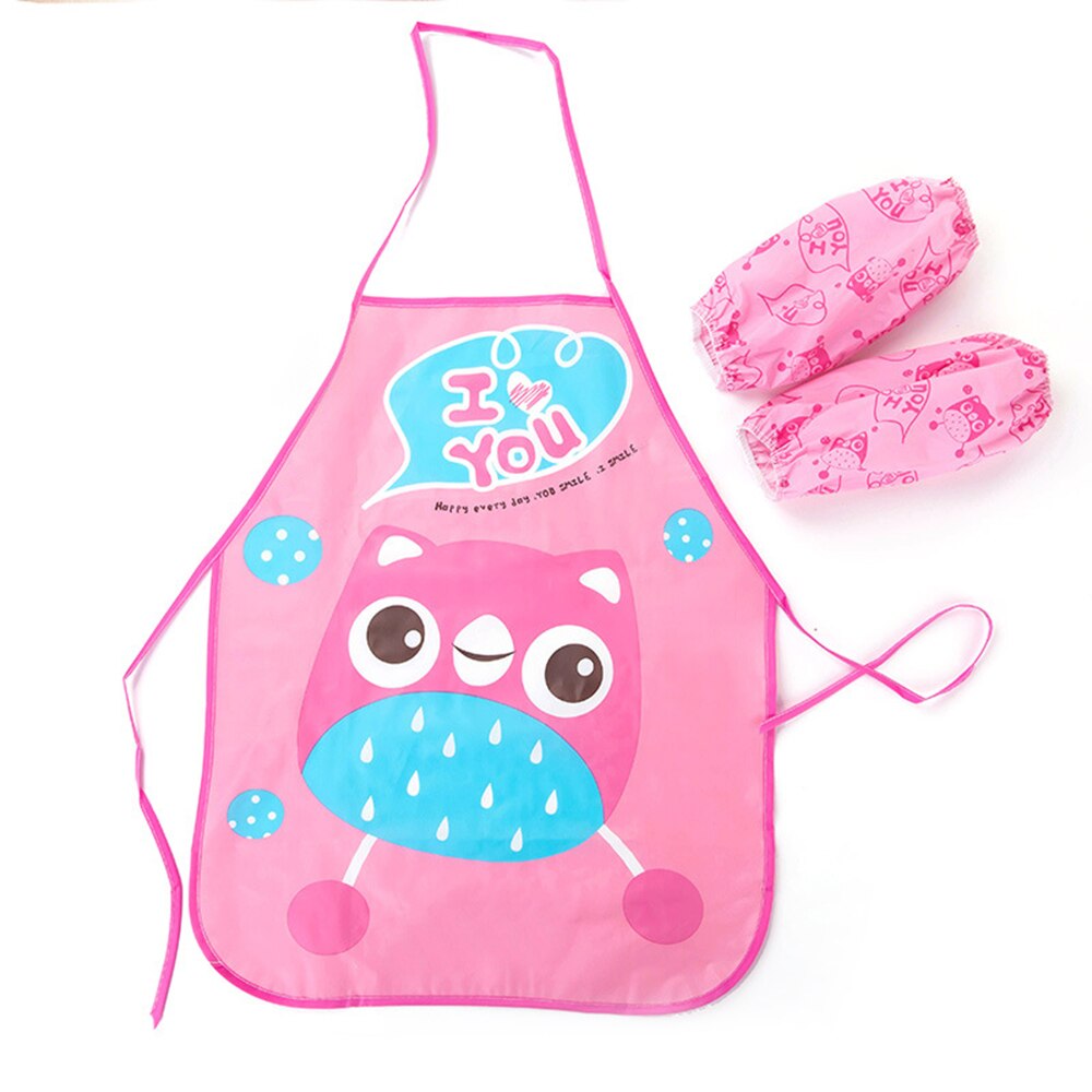 1 Set Children Cartoon Apron Cuff Kit Kitchen DIY Baking Painting Pinafore+Arm Sleeve Waterproof Aprons Kitchen Accessories: owl