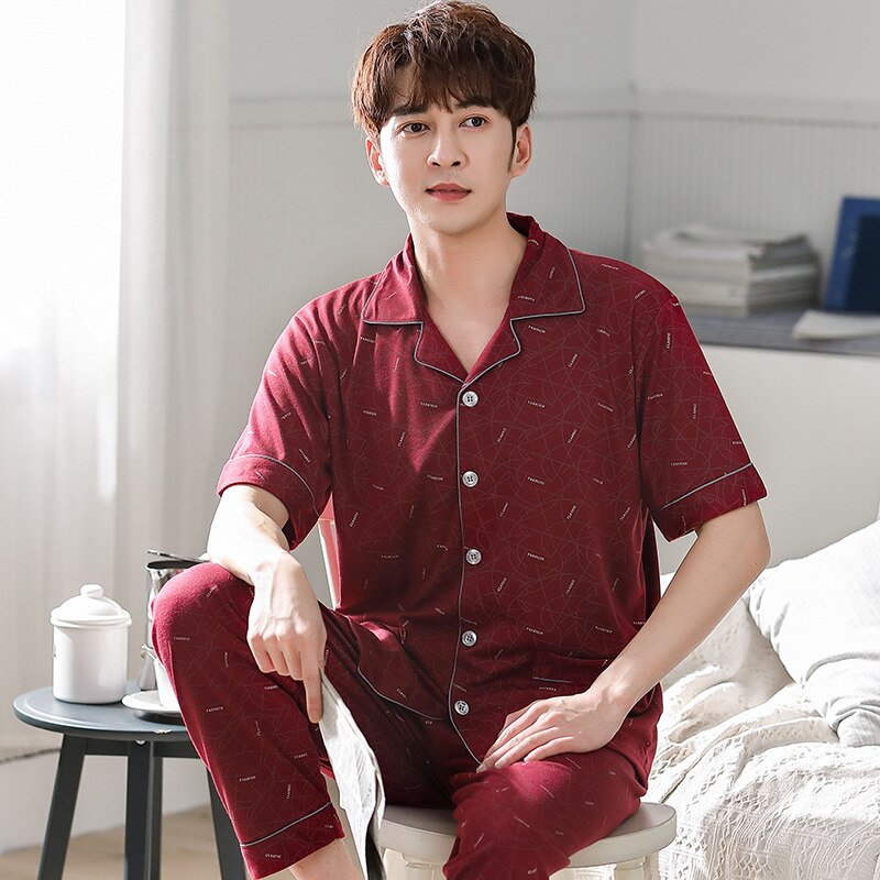Zomer Gebreide Katoenen Mannen Pyjama Korte Mouwen Turn-Down Kraag Plus Size Pijamas Korte Tops + Lange Broek Twee delige Set Pyjama