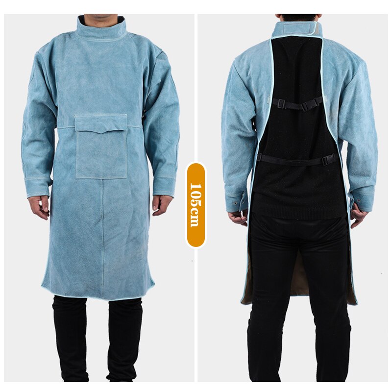 Cowhide Work Clothes Apron Welding Protective Clothing Heat and Fire Resistant Welders Safety Clothing Welding Apron: Short collar / blue 105cm