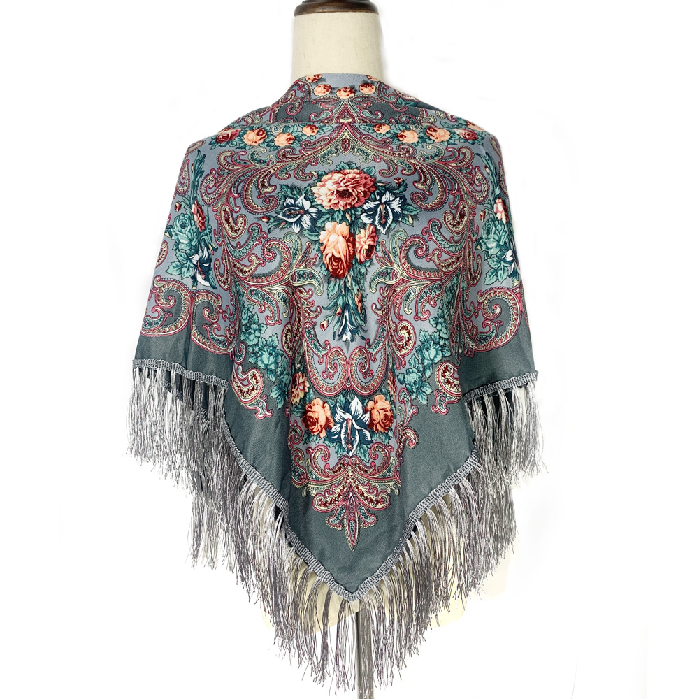 Bufanda rusa de 115x115cm para mujer, Bandana cuadrada con estampado Floral de lujo, chal con flecos ucranianos, pañuelo Babushka, envolturas para la cabeza: Gris