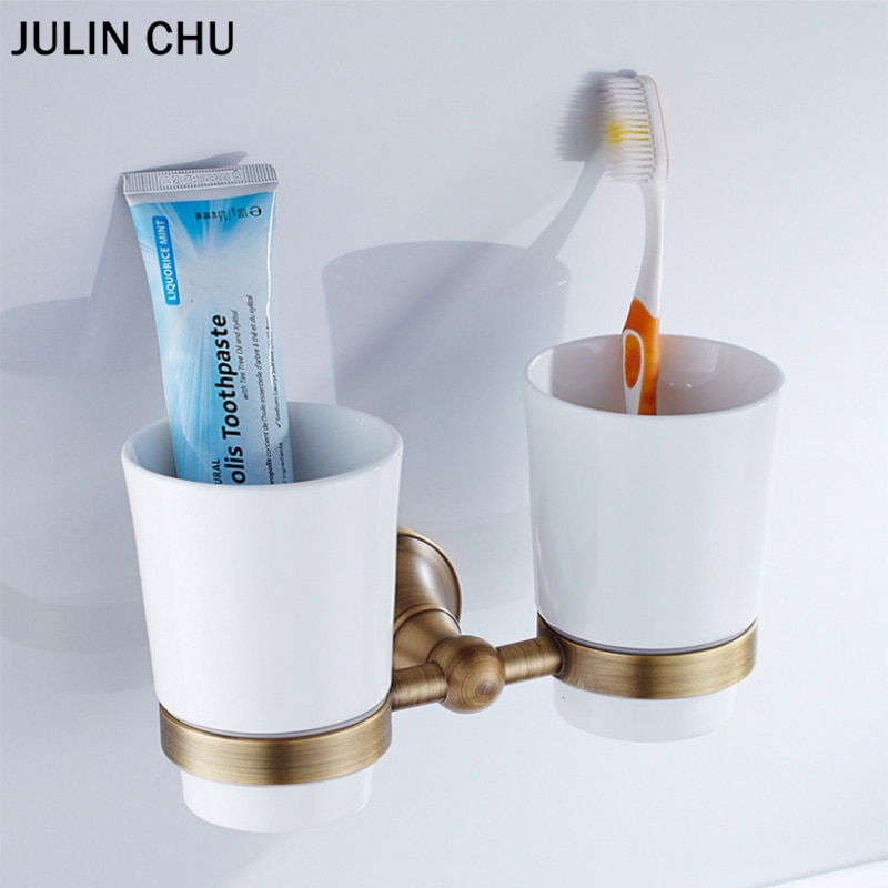 Bronze Double Cup Holders Black Gold Luxury Toothbrush Shelf Brass Chrome Wall Mounted Toothpaste Holder for Bathroom Accessory