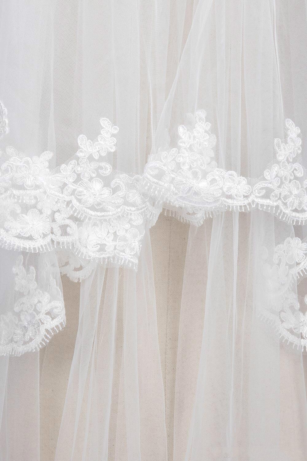 Two Layer White Ivory Short Wedding Bridal Veils Fingertip Length Tulle Lace Applique Short Bridal Accessories With Comb