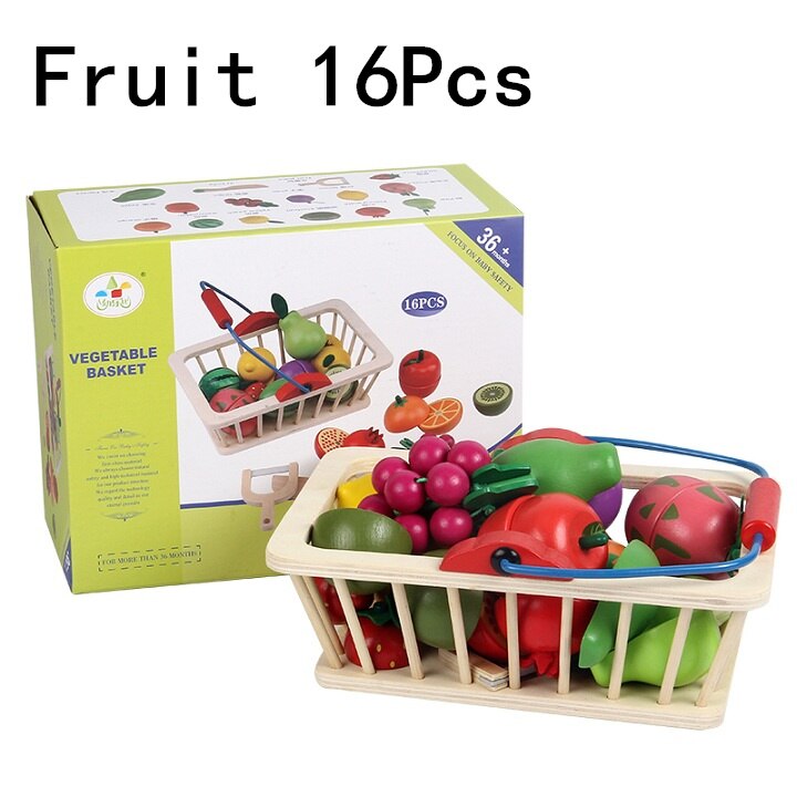 WOODADDY Giocattoli Del Bambino Fragola Simulazione di Frutta Verdura Cut Set Giocattoli di Legno Per I Bambini I Bambini di Alimento Della Cucina Educativo del Regalo: Fruit 16Pcs