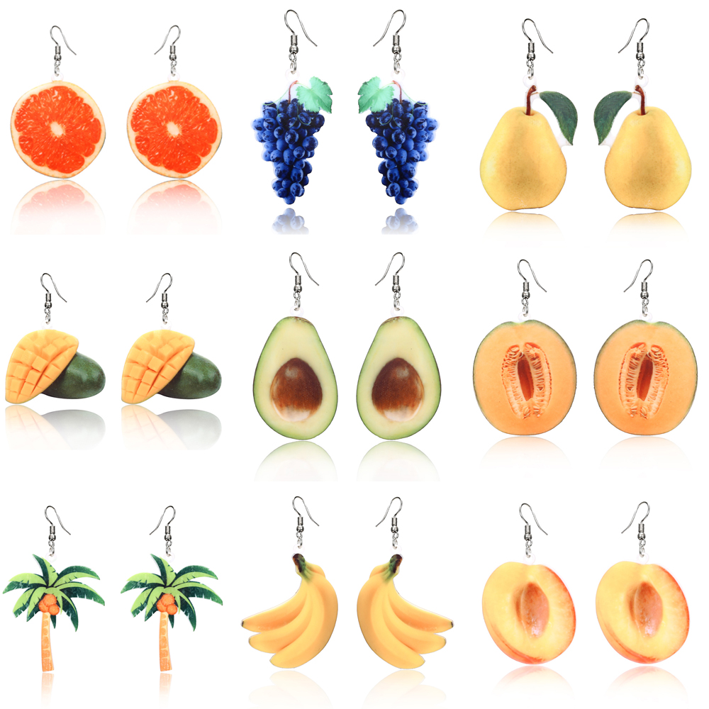 Fruit earrings Food Dangle Orange Earrings for women girl Acrylic Peach Earring Grape coconut tree Mango Cantaloupe Jewelry