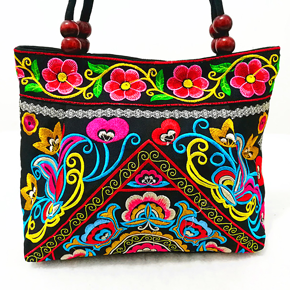 Borduurwerk Etnische Reizen Schoudertas Vrouwen Tassen Handgemaakte Dubbele Geconfronteerd Bloem Vintage Geborduurde Canvas Hout Kralen Handtas