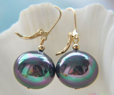 14MM PEACOCK BLACK EGG SOUTH SEA SHELL PEARL EARRING Lovely Fine Nobility Lady&#39;s Women&#39;s Earrings