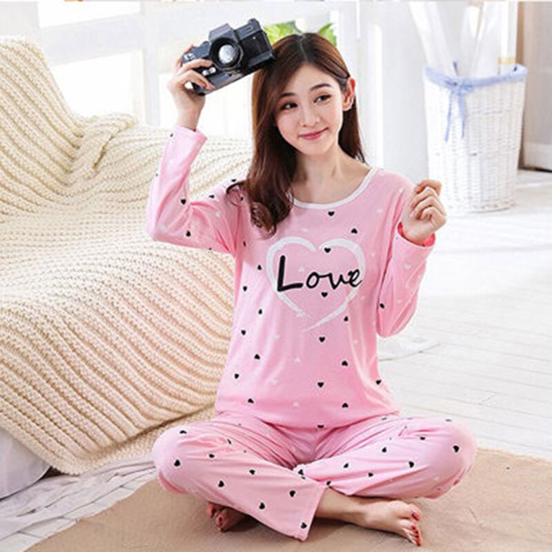 Autumn Printed Long Sleeve Cute Sleepwear Women Pajamas Set Spring Casual Homewear Female Pyjamas: Pink Heart / XL