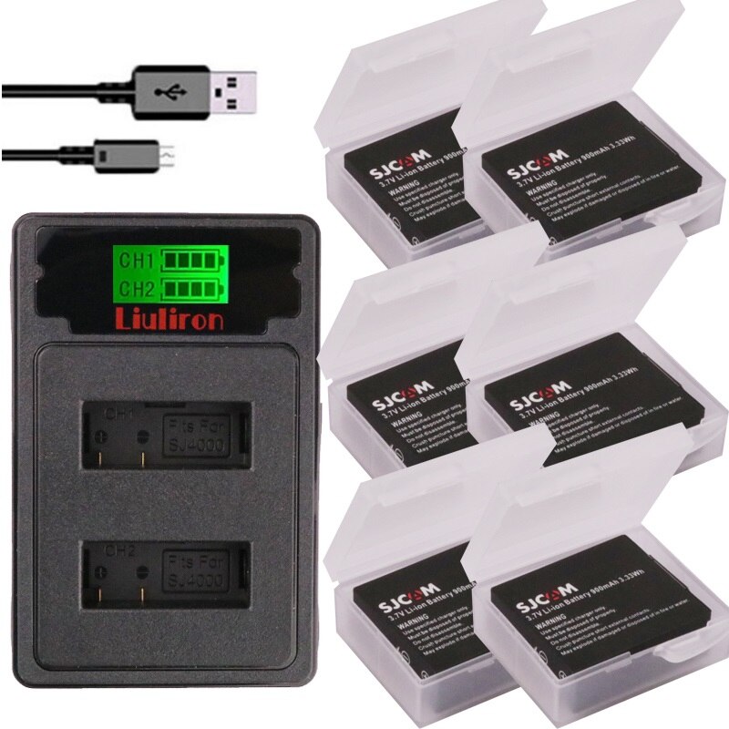 900mah SJCAM SJ4000 batería + cargador para SJCAM sj4000 sj 4000 SJ5000 6000, 7000 de 8000 sj9000 SJ cam M10 acción batería de cámara: charger and 6battery
