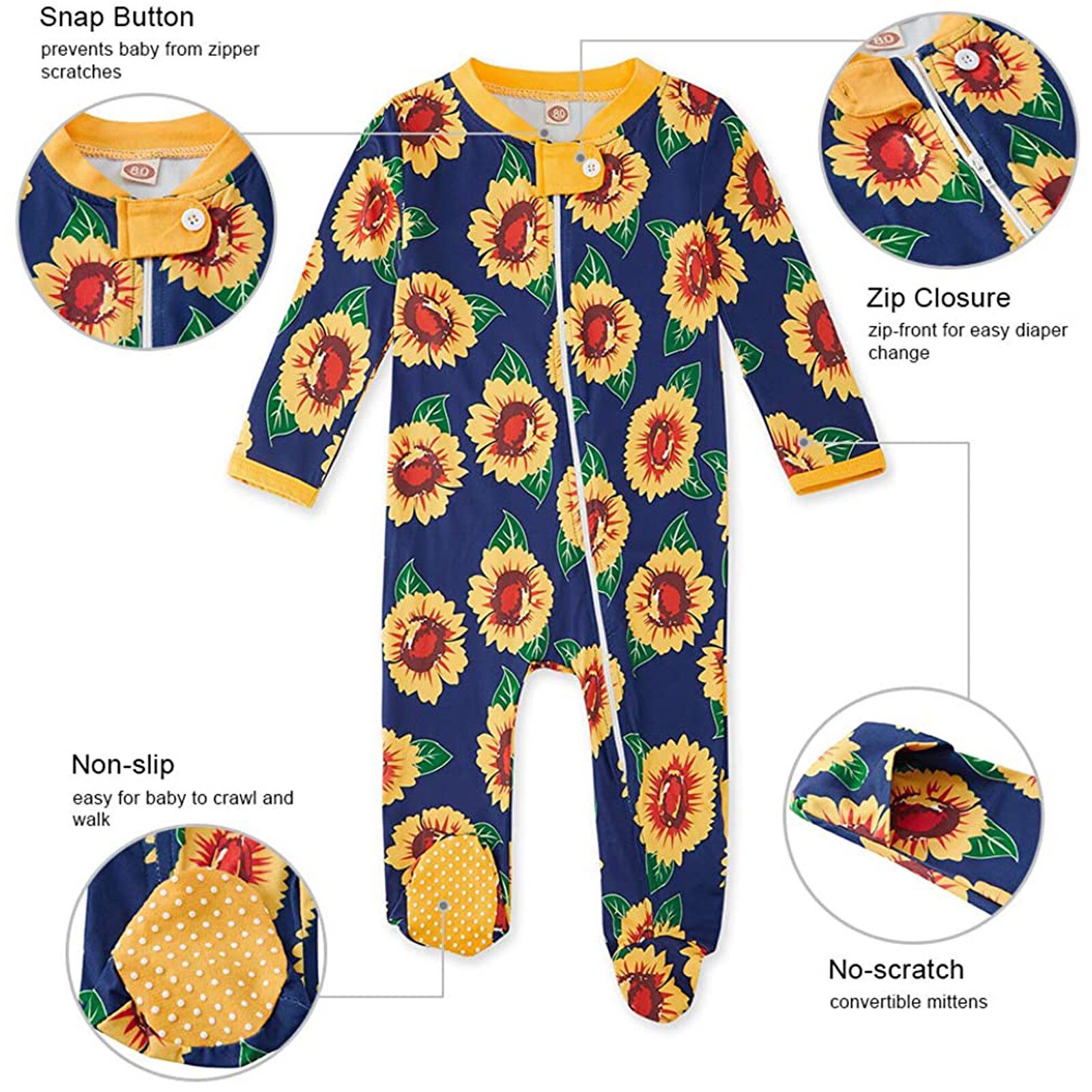 Baby Footies Karosserie Kleinkind Baby Jungen Mädchen Sonnenblume Drucken Schlafanzug Schlaf fuß Postleitzahl Spielanzug-Gesamt Baby Kleidung