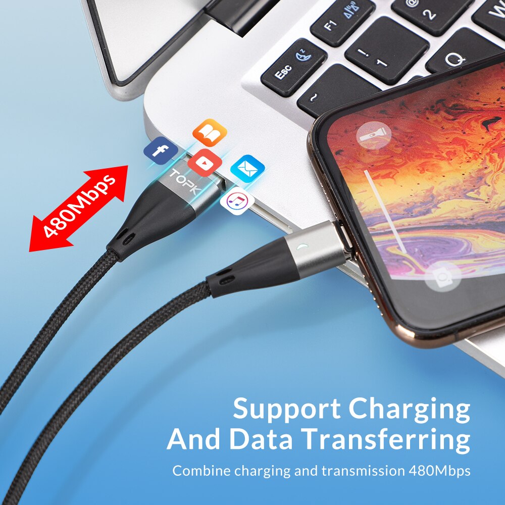 TOPK 1M 3A Magnetic Cable Fast Charging Type C Cable USB C Cable Data Cable For Xiaomi Redmi Note 7 Samsung