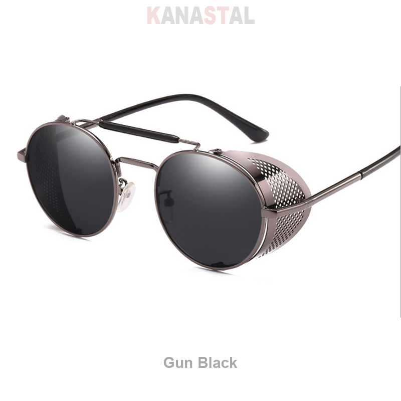 Retro Round Steampunk Sunglasses Men Women UV Side Shield Glasses Metal Frame Gothic Mirror Lens Sun Glasses: GRAY