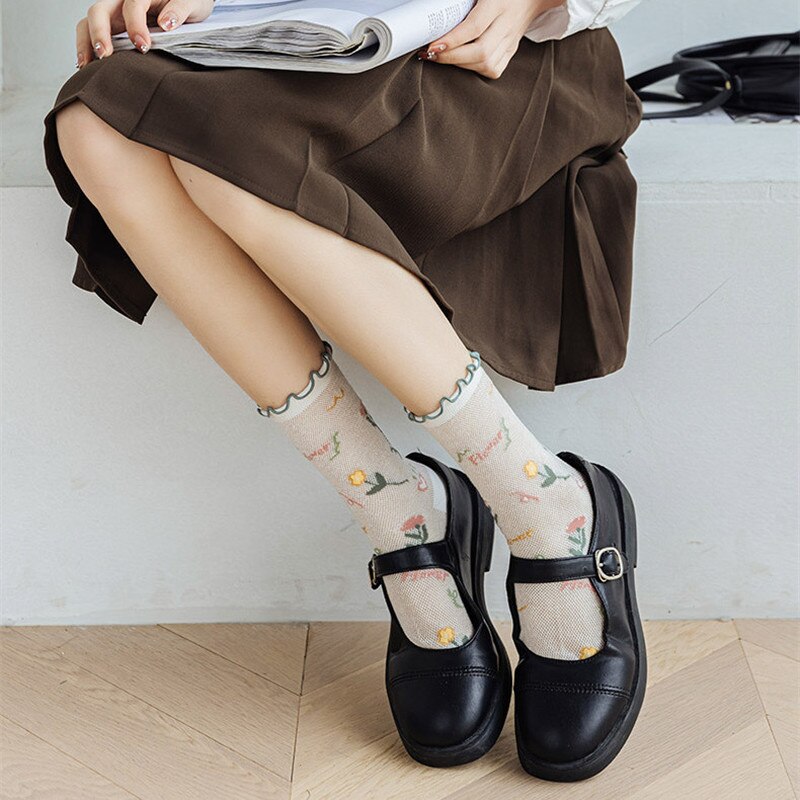 Calcetines largos con volantes para mujer, medias de estilo universitario, Harajuku, Retro