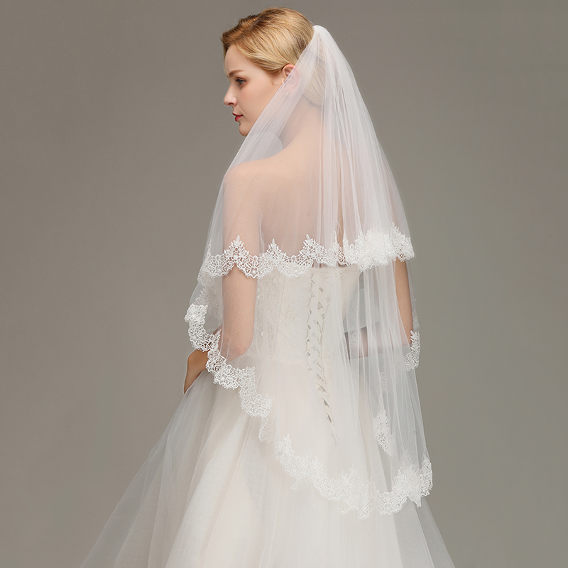 Velo de novia corto de dos capas con borde de encaje, velo de novia en tul, accesorios de boda, velo blanco marfil