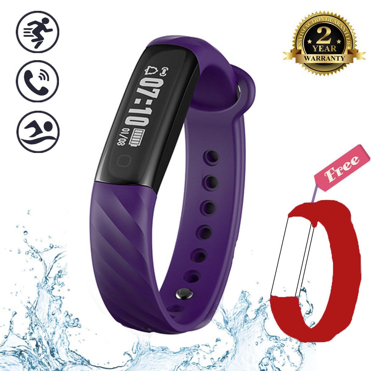 Inseguitore di Fitness Impermeabile, KENCOOL Sottile Activity Tracker Vigilanza di Forma Fisica Braccialetto Intelligente Pedometro Bluetooth Wristband di Sport Del Regalo: Purple - Red band