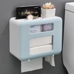 Suportes de papel higiénico à prova dwaterproof água wall-mounted portátil caixa de armazenamento de tecido suporte de papel do banheiro papel sem instalação de perfuração: Azul