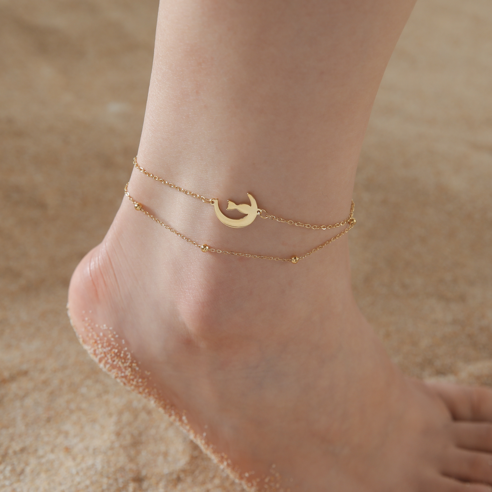 Cazador Animal Cat Dog Paw Anklets for Women Stainless Steel Double Layer Beads Foot Bracelet on the Leg Summer beach Jewelry: Black Zinc Plated