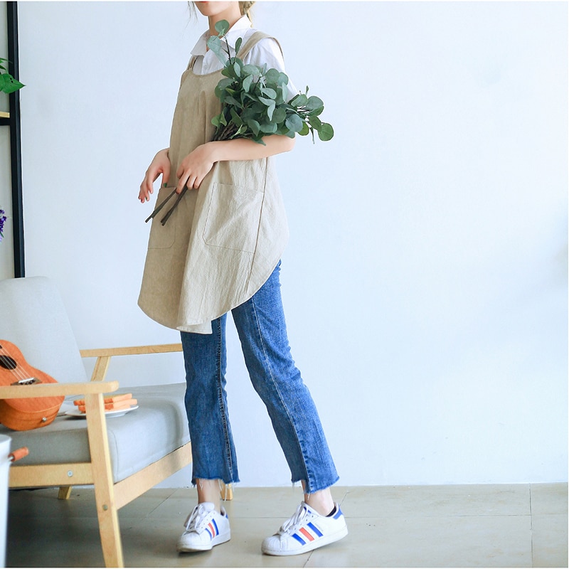 Impermeable de algodón de las mujeres de Cruz delantal japonés tareas del hogar cocina dos bolsillos delantal florista trabajo delantal