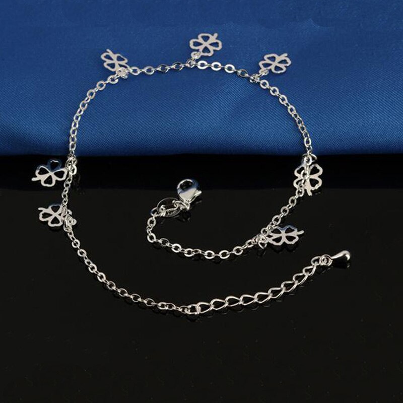 Als Warme Broodjes Mode 925 Silver Clover Enkelband Eenvoudige Temperament Dubbele Enkelband, Geschikt Voor Dames JL013