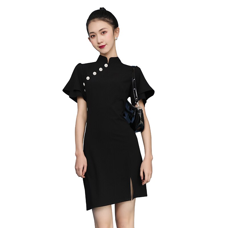 Chinese Traditional Slim Mini Cheongsam Short Sleeve Black Cheongsam Girls Students Oriental Qipao Dresses for Party