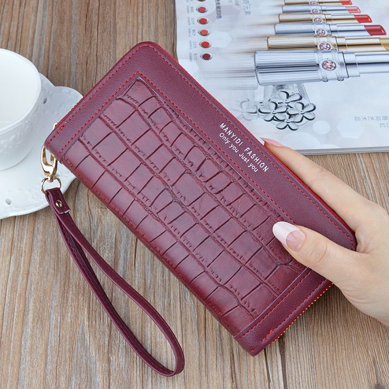 Nueva cartera larga de para mujer, bolso de mano con de cocodrilo y cremallera, Cartera de piel suave de gran capacidad, bolso para teléfono móvil: Wine Red