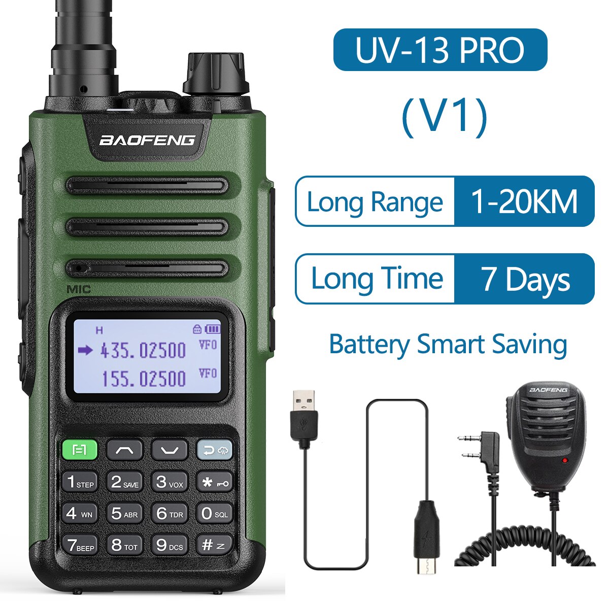 Baofeng UV-13 Pro Walkie Talkie 10W 8800Mah High Power 999 Channel Dual Band Uhf Vhf Radio Zender Typ-C Jack Upgrade 10R: V1 add speaker