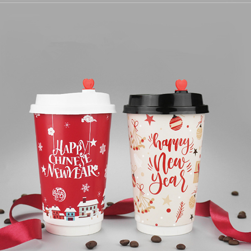 50 Pcs Christmas Party Favor Drink Dikke Dubbele Laag Papier Cup Anti-Brandwonden Wegwerp Koffie Cup Takeaway Pakket met Deksel