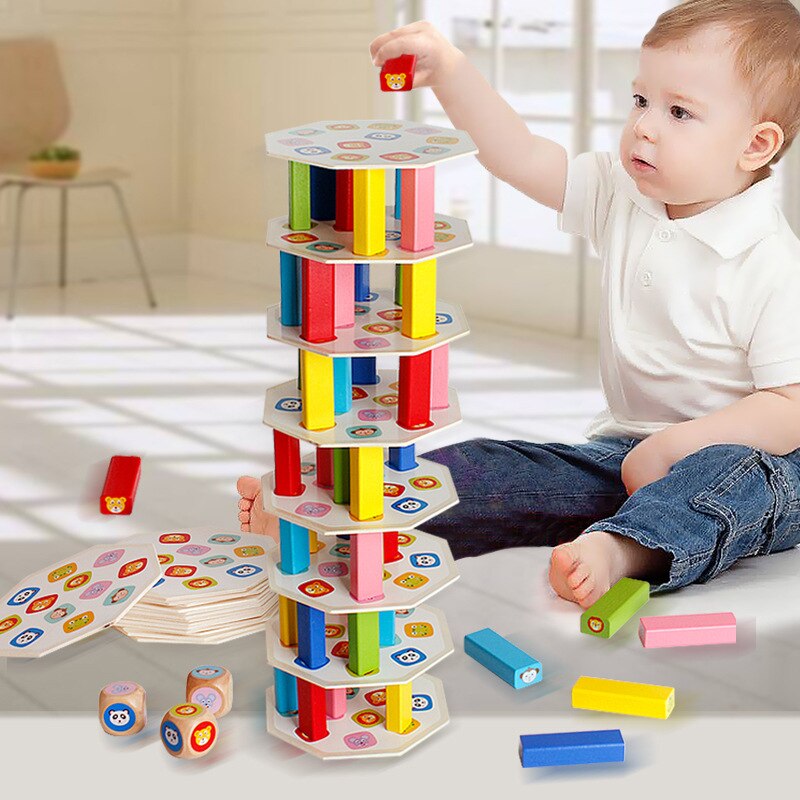 Wooden Stacking Tower Animal Block Plate Dice Set Kids Domino Game Play Developmental Building Toy