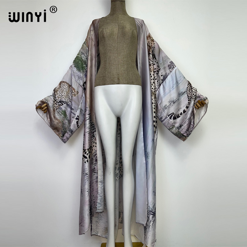Winyi Herfst Tiger Printing Beach Wear Swim Pak Elegante Afrika Vrouwen Boho Vest Sexy Lange Mouw Kimono Jurk