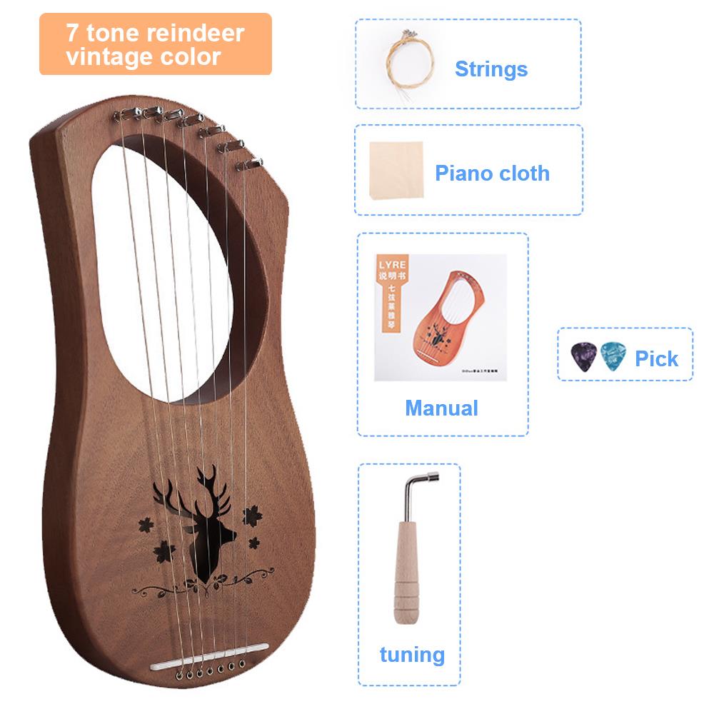 7-- snarige lierharp snaarinstrumenten engelse handleiding liqin met stemsleutel metalen snaren mahonie lichtgewicht kinderen: Retro