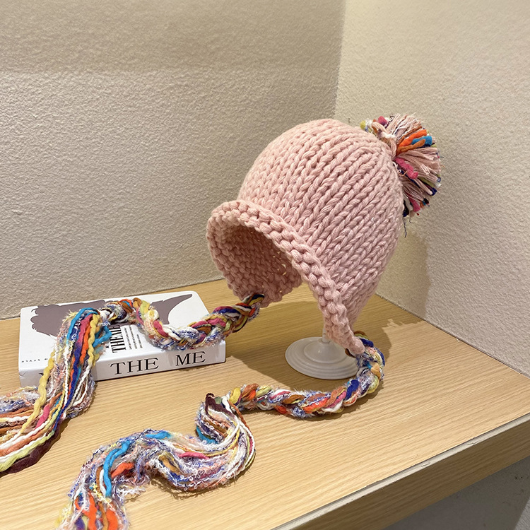 Mütze Männer Frauen bunte Quaste Twist flechten Hütte Herbst Winter warme Gehörschutz kappen Studenten vielseitige einstellen Kopf gestrickt: Rosa