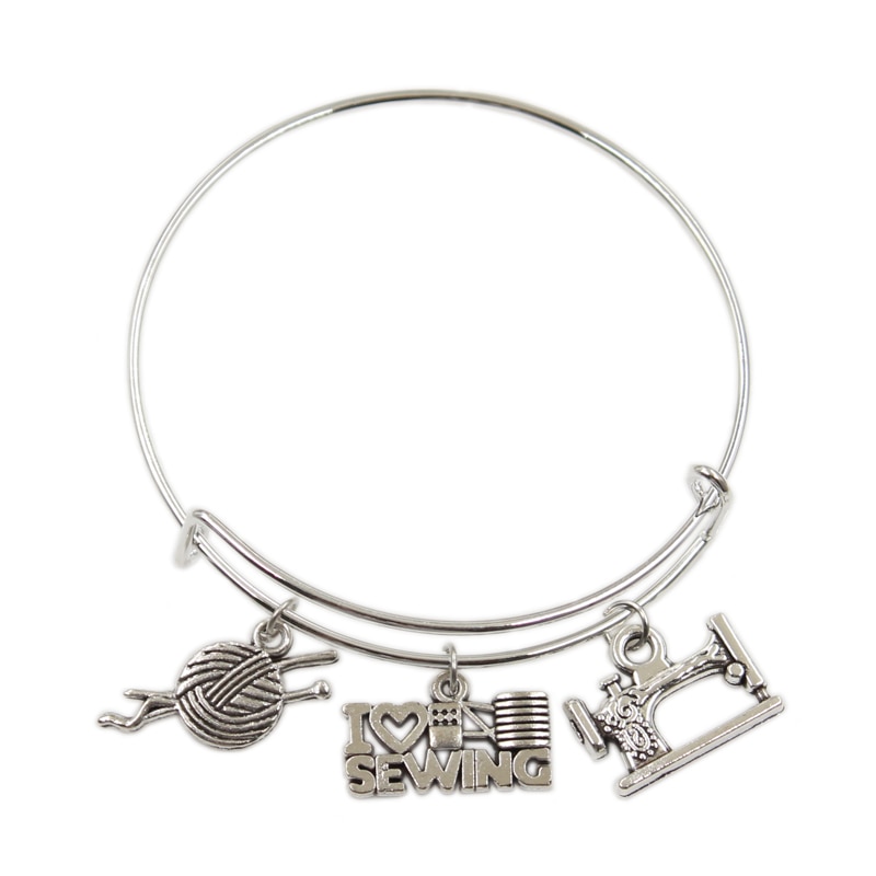 Zilverkleurig metaal dames vintage ik hou van breien naaimachine garen schaar bedels accessoire mannen armbanden sieraden