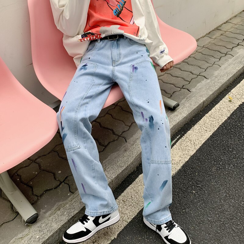 Cotton Graffiti Jeans Men Retro Baggy Casual Straight Jeans Men Streetwear Loose Hip-hop Denim Pants Mens Trousers S-2XL: Blue / S