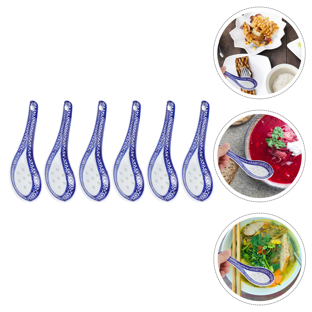 6Pcs Ceramic Spoons Restaurant Tableware Chinese Style Small Soup Spoons