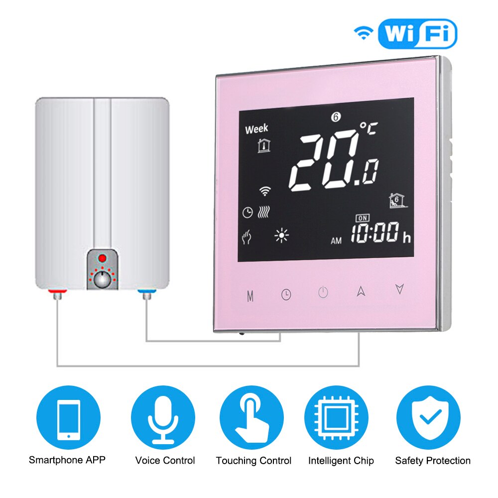 Google Home WiFi Smart Home Thermostat Water/Gas Boiler Heating Connection &amp; Voice Control Energy Saving LCD Touchscreen: GC pink with wifi