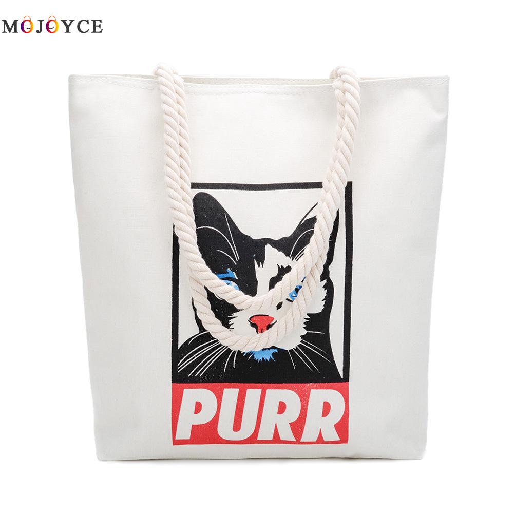 Women Canvas Casual Handbags Shoulder Bags Portable Cat Print Shopping Bag: Beige
