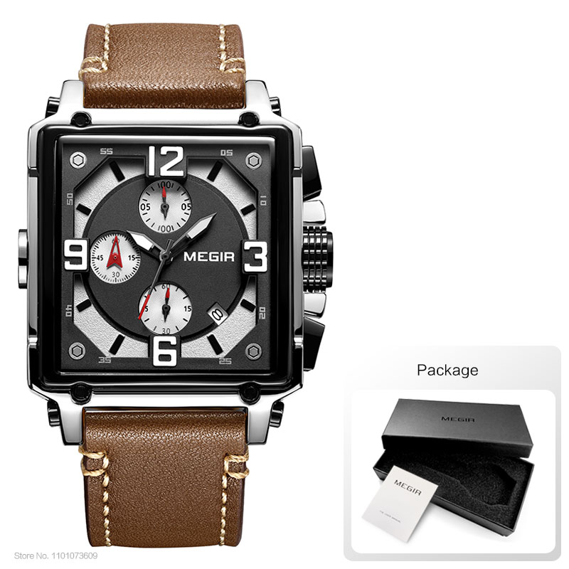 Megir herre firkantede quartz armbåndsur ur militær sports casual kronograf stopur læder relogios maskuline 2061 brun: Elfenben