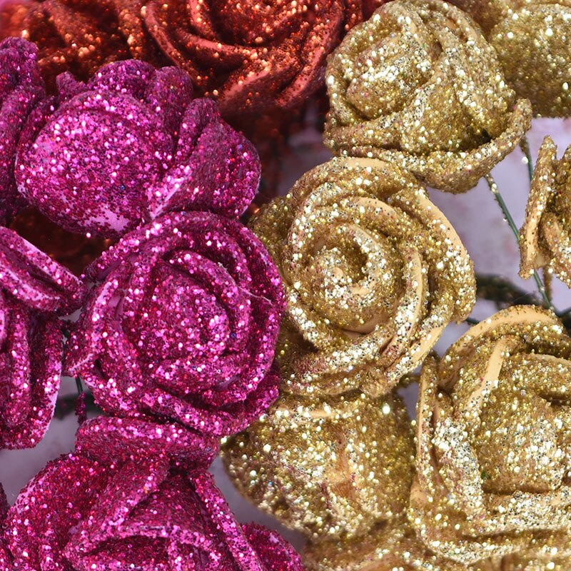 36 stk 2cm skinnende glitter skum rose kunstig blomst dekorativ buket krans bryllupsfest dekoration