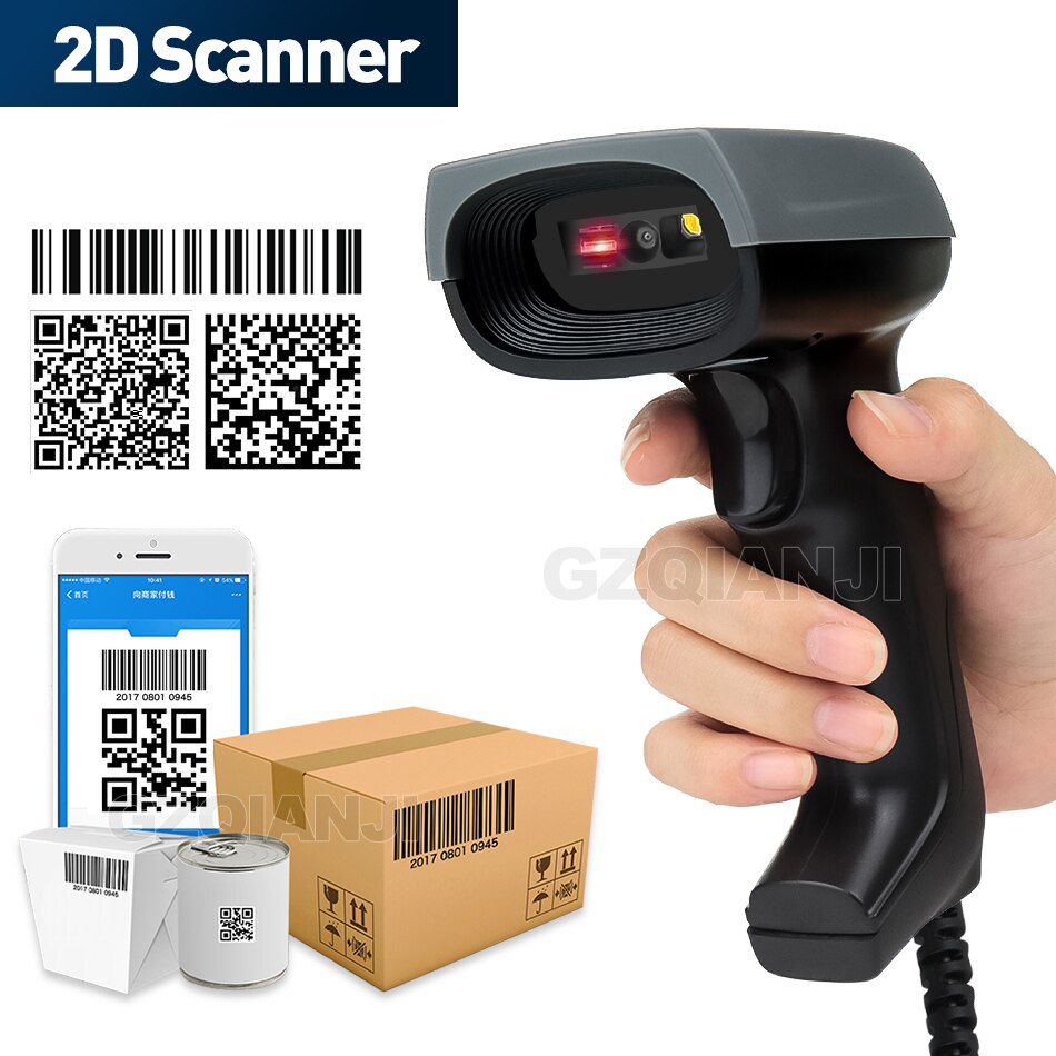 Handheld 1D 2D QR bar code reader USB 2d CMOS Wired barcode scanner Portable PDF417 Code128 Scanner 360 degree for supermarket