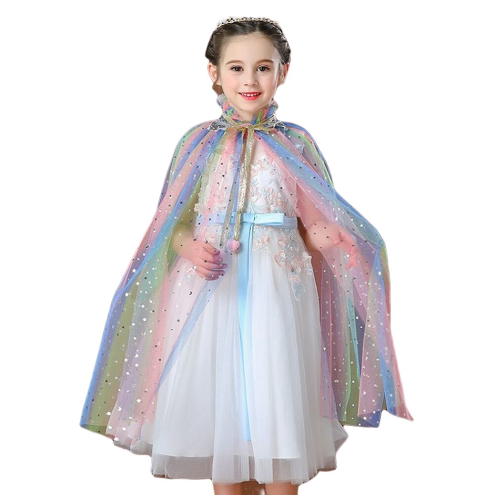Girl’s Summer Gauze Double-Breasted Lace-Up Princess Cloak with Shinny Star Moon Patterns for Pantomime Play