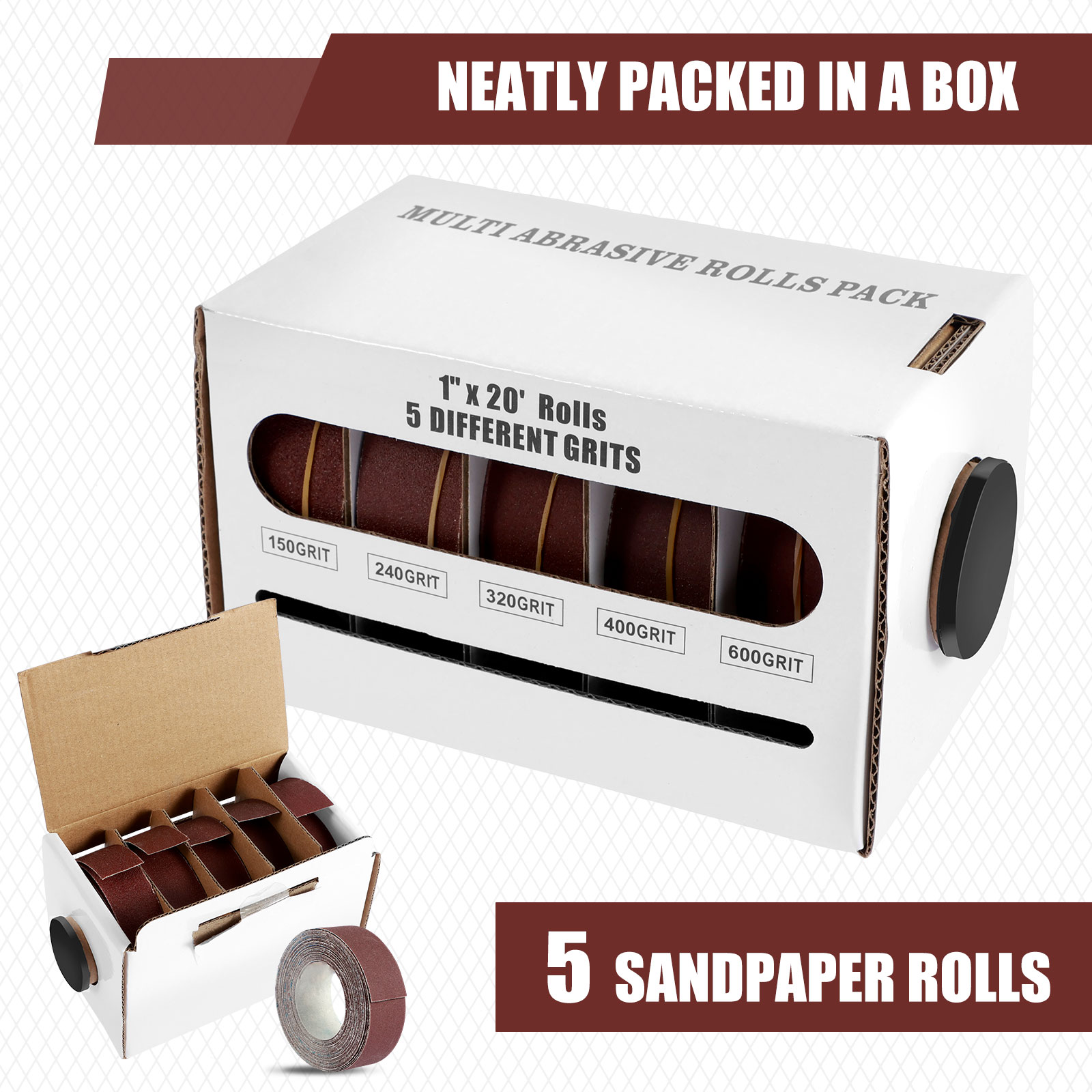 5/6 ruller lange slipepapirruller i eske med aluminiumoksid slipebånd, trekkbart slipepapir, 80/150/240/320/400/600 korn: Sølv