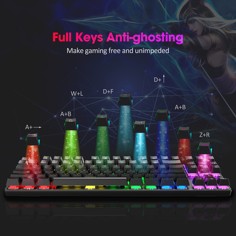 PICTEK PC244 Wired Gaming Keyboard Mechanical keyboard RGB LED Backlit USB Blue Switch 87 Keys Keycaps For Computer PC Gamer