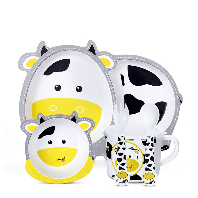 Baby Bamboe Kom + Lepel + Vork Feeding Servies Set Cartoon Aniaml Bee Kid Gerechten Bamboe Voeden Kom Diner plaat: Cows